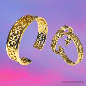TORY BURCH KINSLEY EARRINGS AND BRACELET 18K GOLD PLATED SET